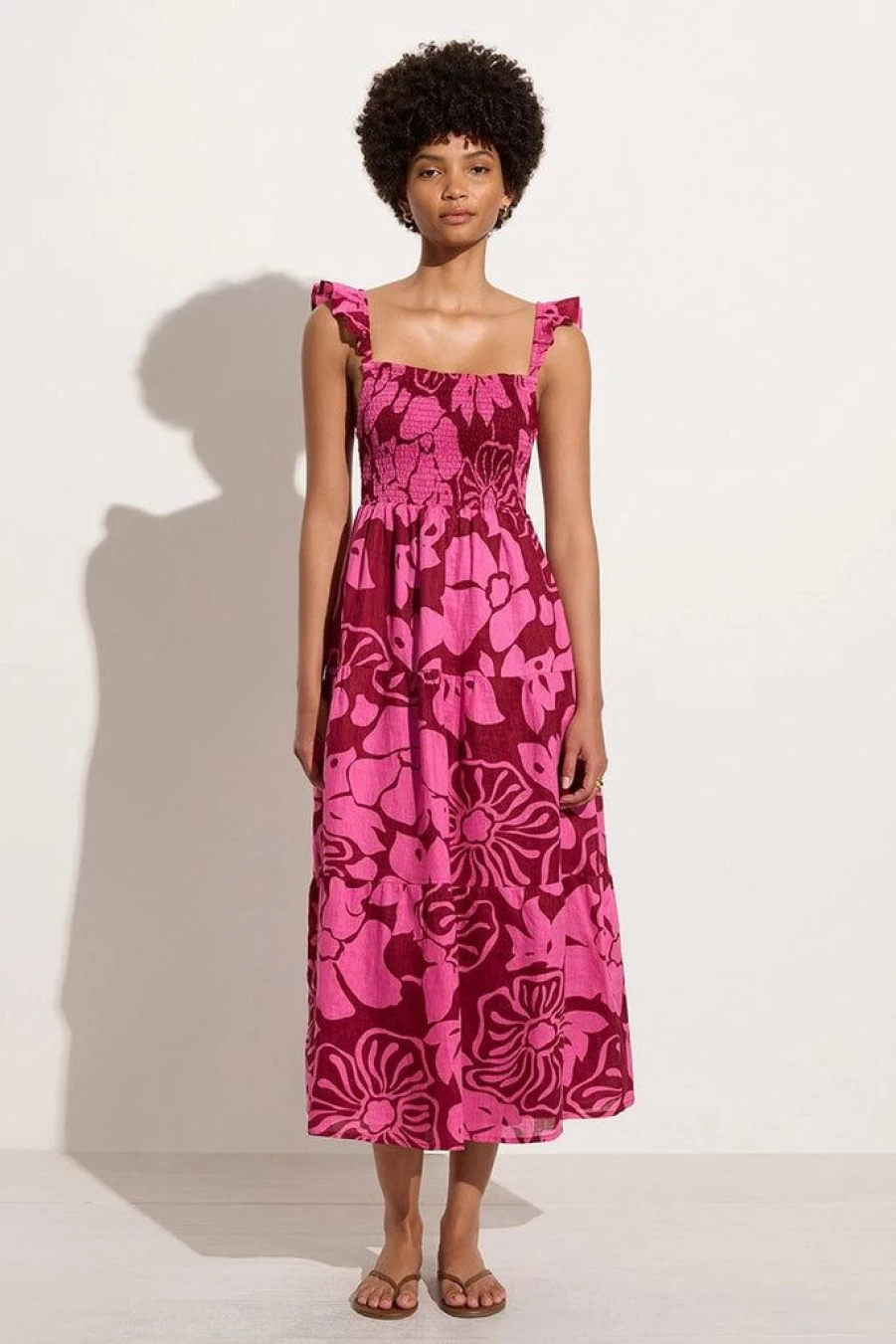 Faithfull The Brand Benito Floral Midi Dress in Pink - Mica Print Summer Dress