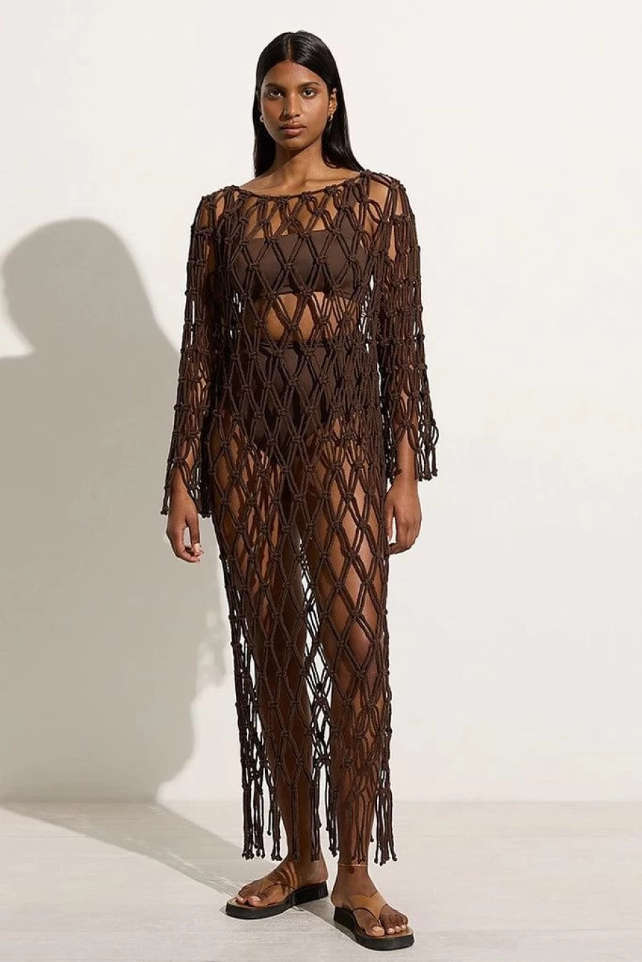 Faithfull The Brand Sintra Macrame Bohemian Dress in Chocolate Brown